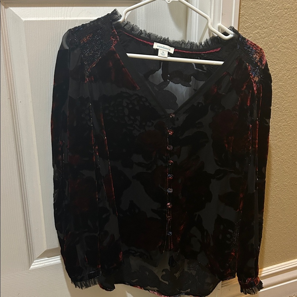 Anthropologie Black and Red Velvet Blouse